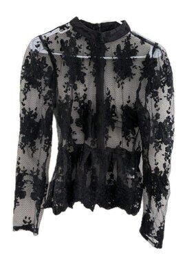 Women's Black Sheer Lace Top Mock Neck Floral Mesh Blouse Whimsigoth Goth Med